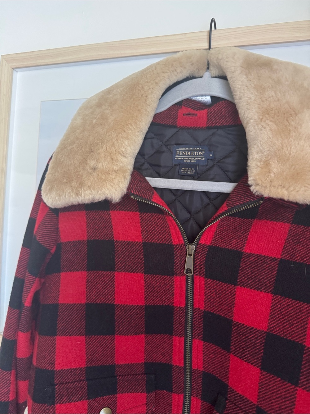 Pendleton Wool Red and Black Buffalo Plaid Bomber Jacket with Faux Fur Collar - Picture 3 of 6